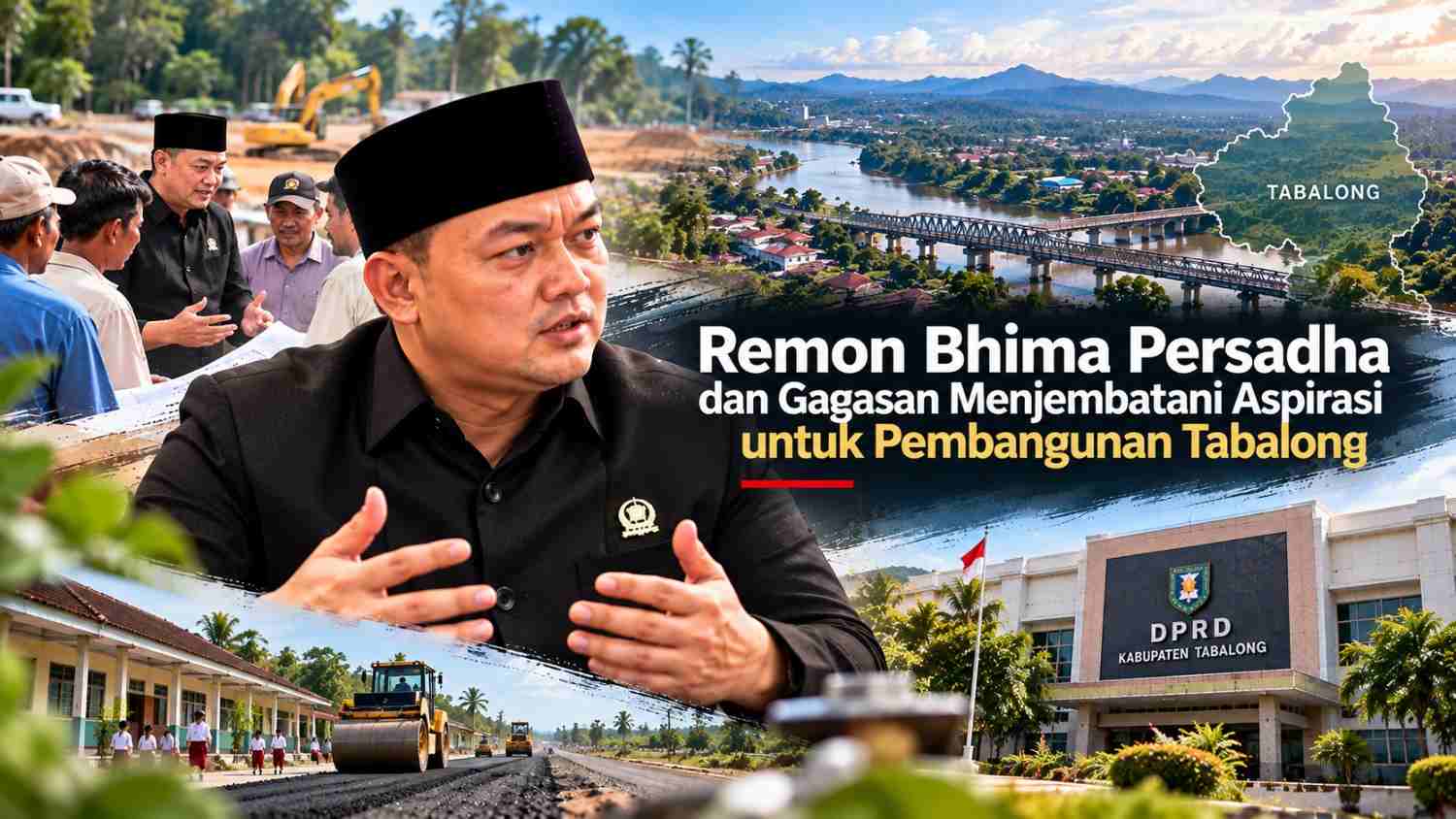 Remon Bhima Persadha dengan latar masyarakat, pembangunan jalan, sekolah, gedung DPRD Kabupaten Tabalong, serta lanskap daerah Tabalong.